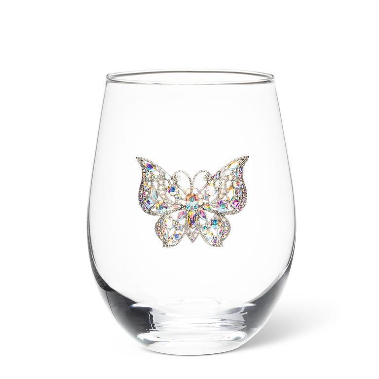 Stemless Wine Glass w/Jewel Butterfly-4.5"H(16oz)