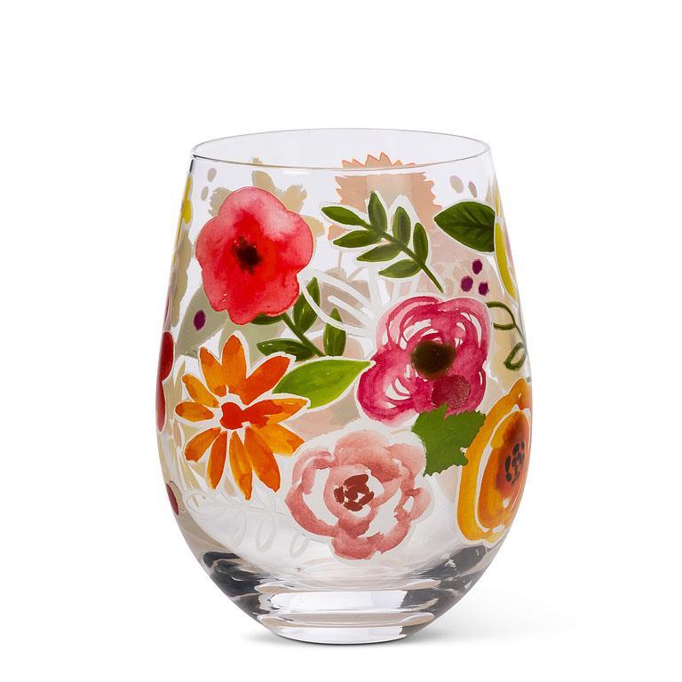 Bold Floral Stemless Wine Glass-5"H(14oz)
