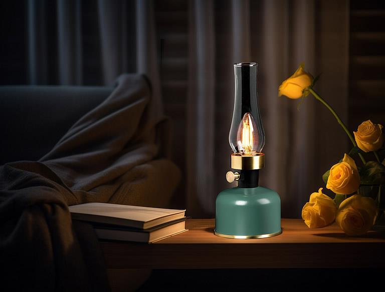 Lantern LED Lamp w/Chimney-Green-10.5