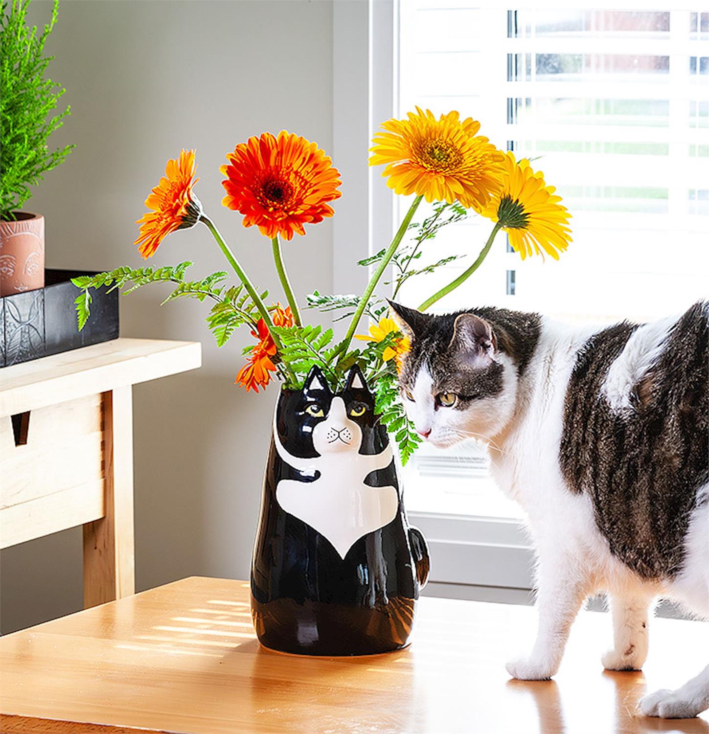 Lg Blk/Wht Sitting Cat Vase-9