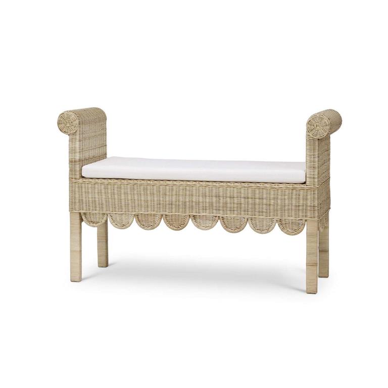 Newport Scalloped Bench in Rattan Natural w/ Arctic White Performance Fabric