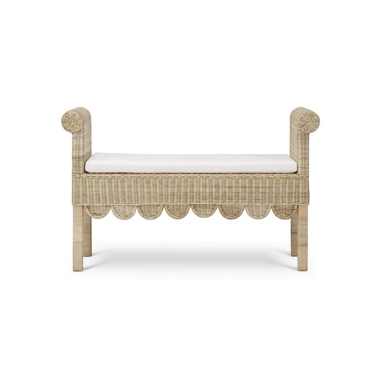Newport Scalloped Bench in Rattan Natural w/ Arctic White Performance Fabric