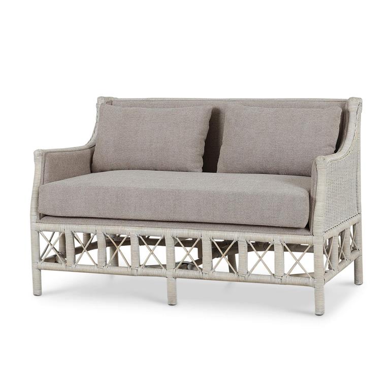Rabana Rattan Loveseat in White Wash Rattan w/ Oatmeal Boucle Chenille Performance Fabric Cushion