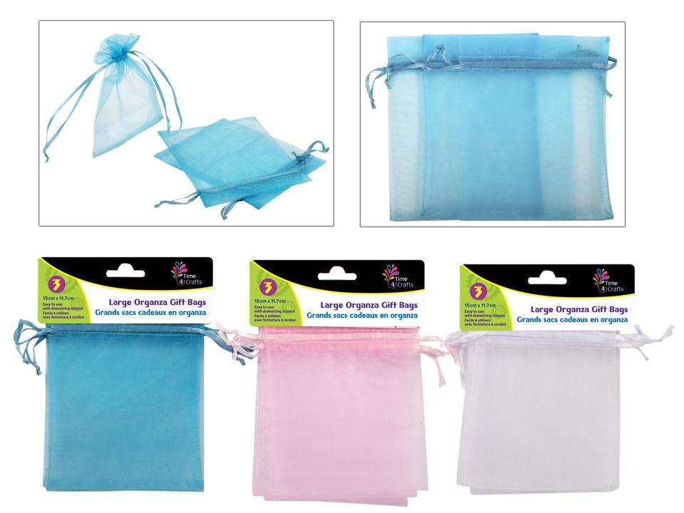 T4C, 3 Pk LG Organza Gift bags 4 Colour Assortment (52593)