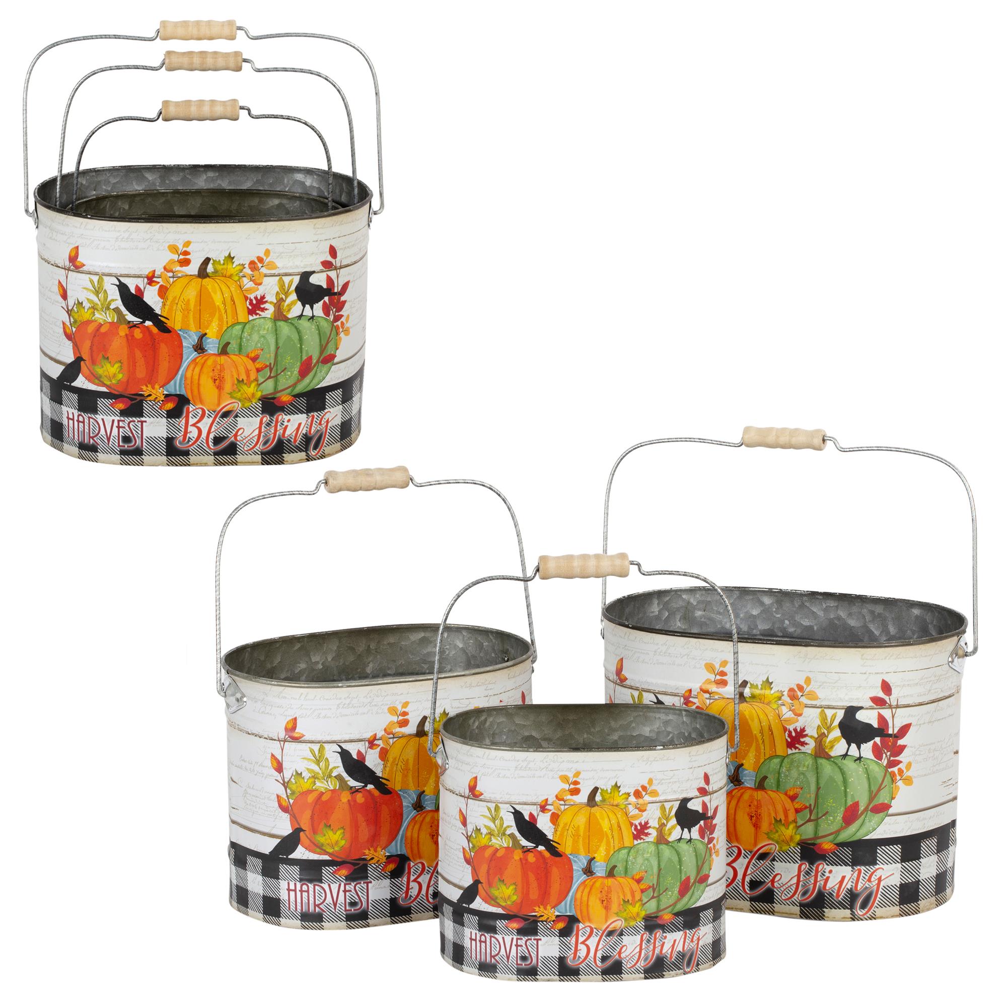 Harvest Set/3 Pumpkin Metal Buckets , cht