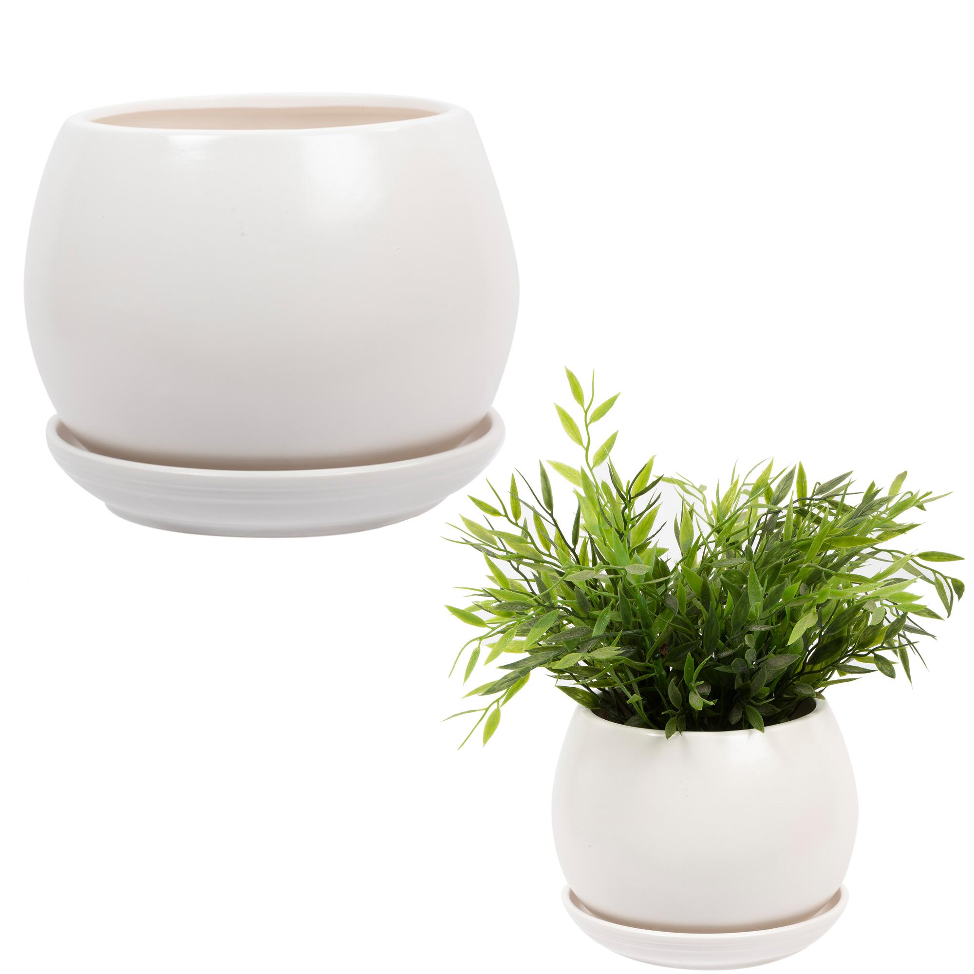 Matte Ceramic Planter 6"D, WHITE Saucer Attached/Drainage Hole