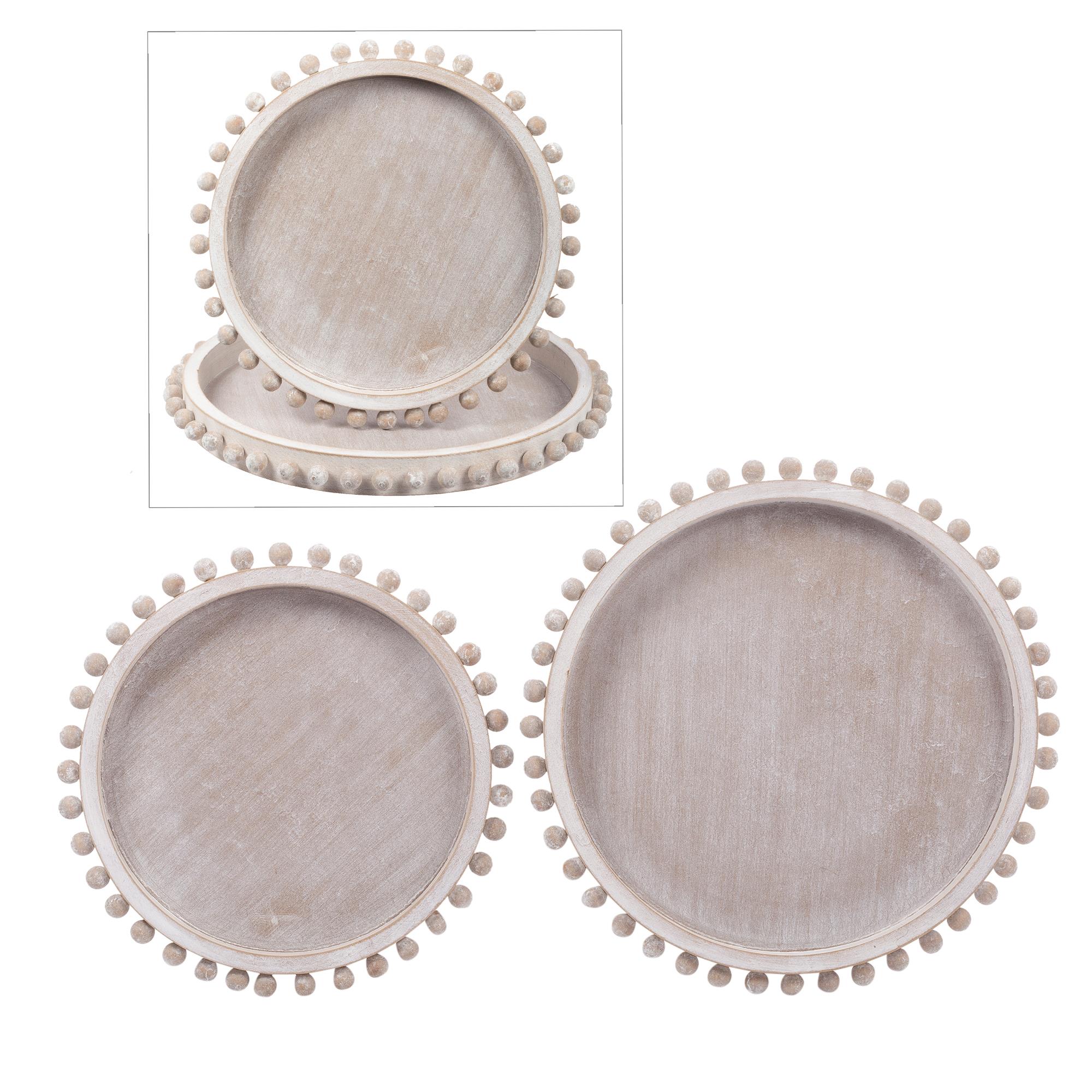 Set/2 Farmhouse Round Wood Trays Whitewash, MDF