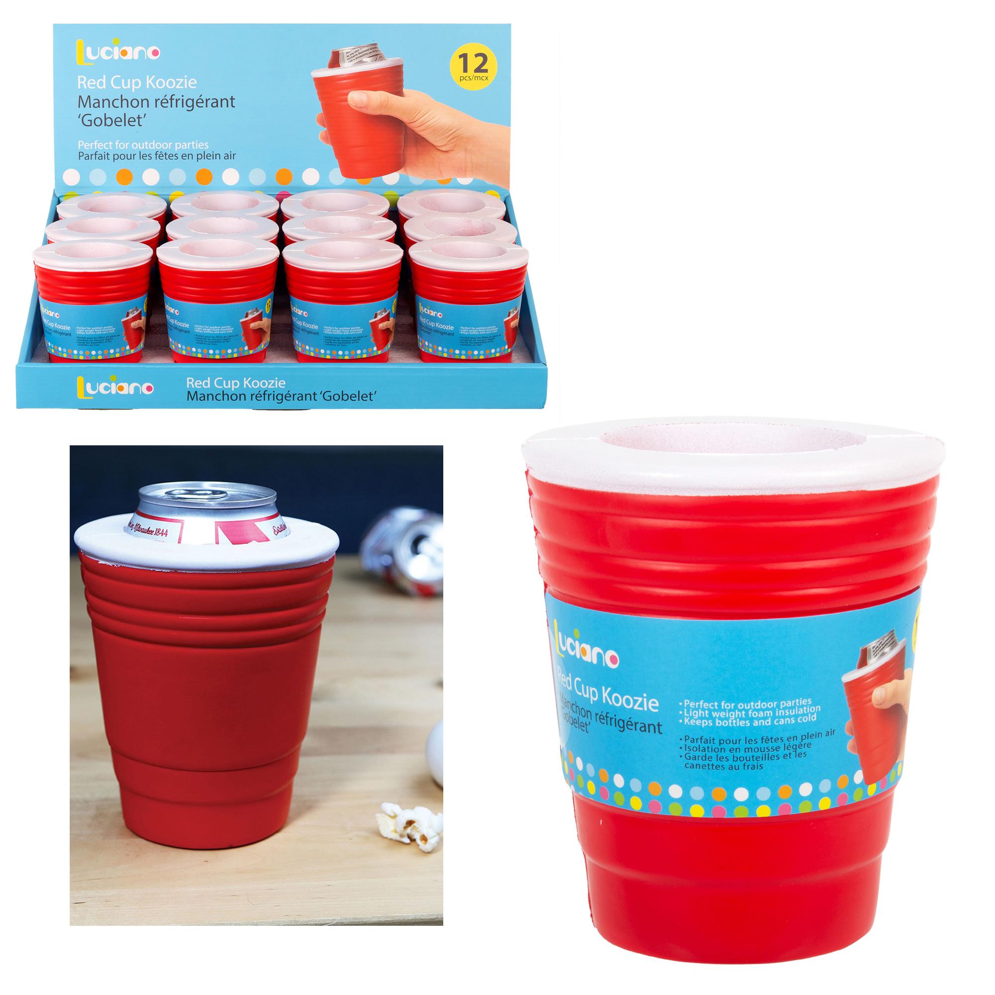 Luciano Red Cup Insulated Foam Koozie Drink Holder, 12/PDQ, label