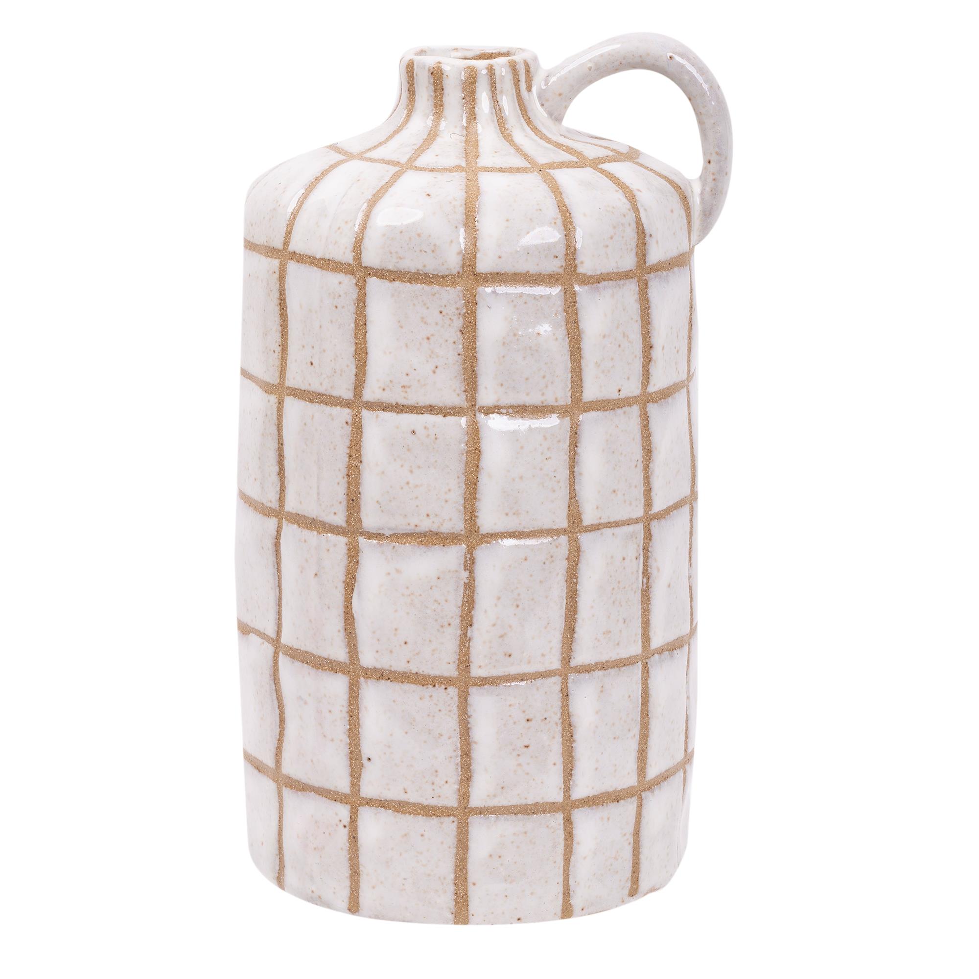 Gridwork Ceramic Jug Vase, 4.75x4.5x8.25"