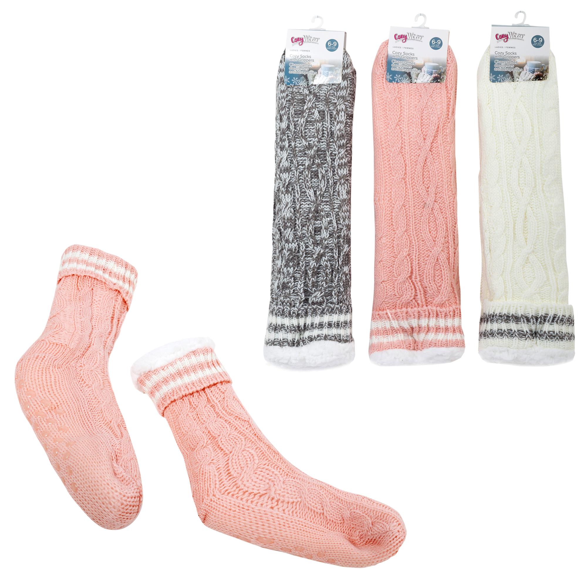 Cozywear Ladies Sherpa Socks w/ Grippers, 3/C, Sizes 69, h/c