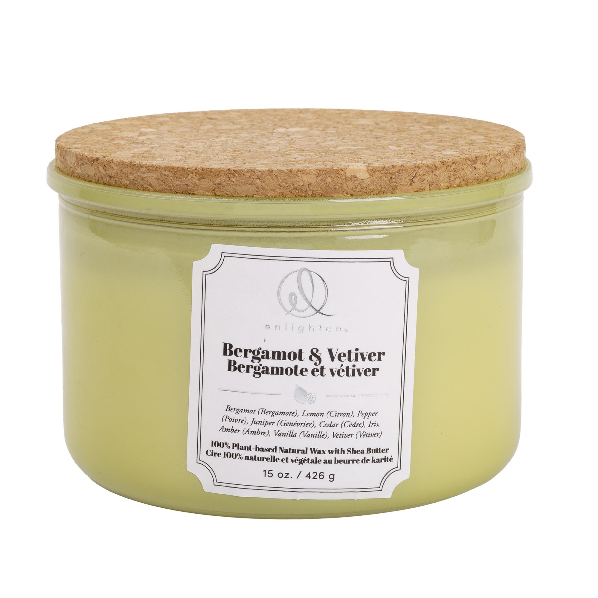 Enlighten Candle w/Wood Lid, 3wick, Bergamot + Vetiver,
