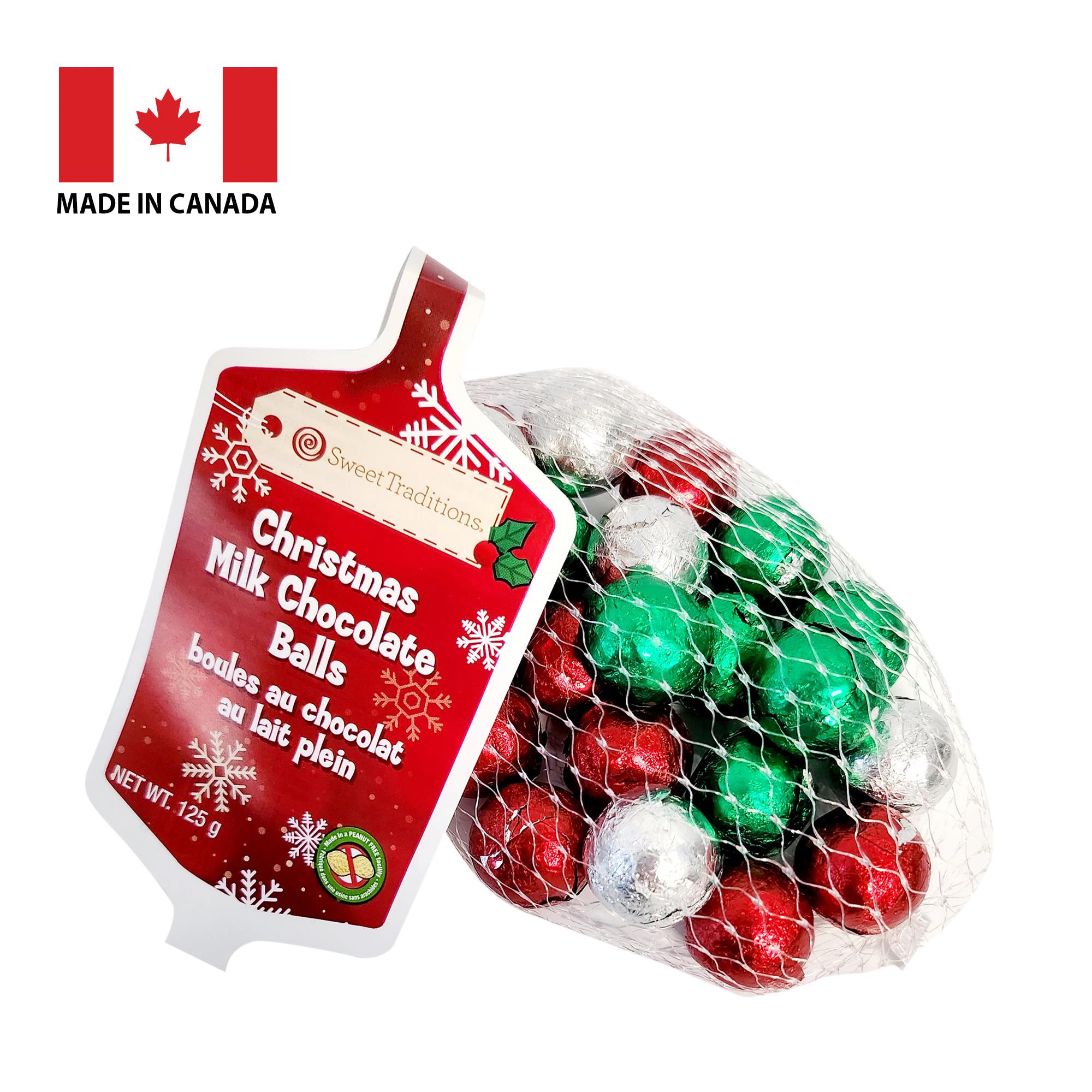 Xmas Milk Chocolate Balls in mesh bag (125g), hang tag