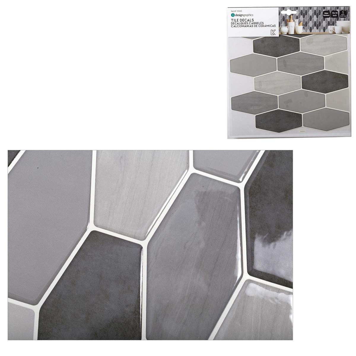 iDesign Wall Decals, Elongated Hexagon Tile, Greys, 10" x 10", PBH