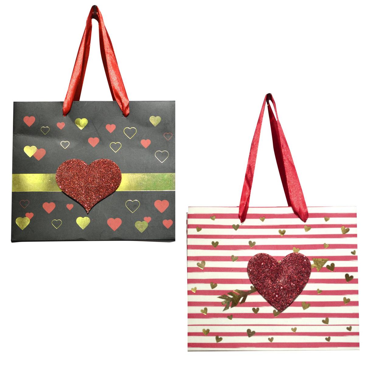 V'tines 3D Matte w/Glitter Heart Gift BagSmall, 5.5"x6.5"x3", 2/S