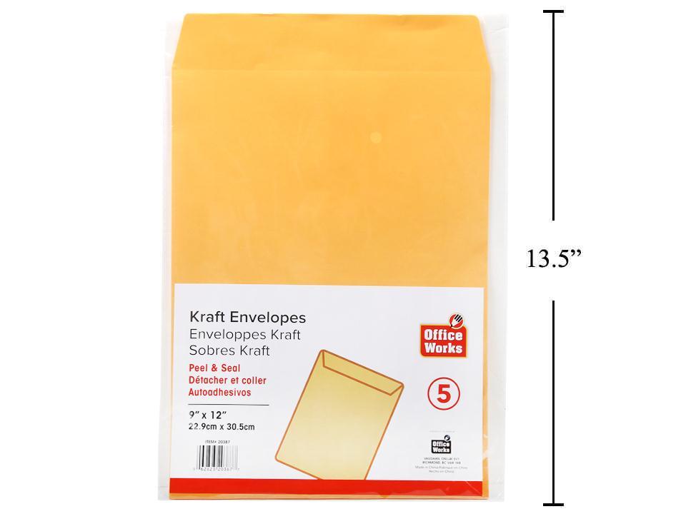 O.WKs. 5pc 9x12" Peel & Seal Kraft Envelope (ES87944) (30856)