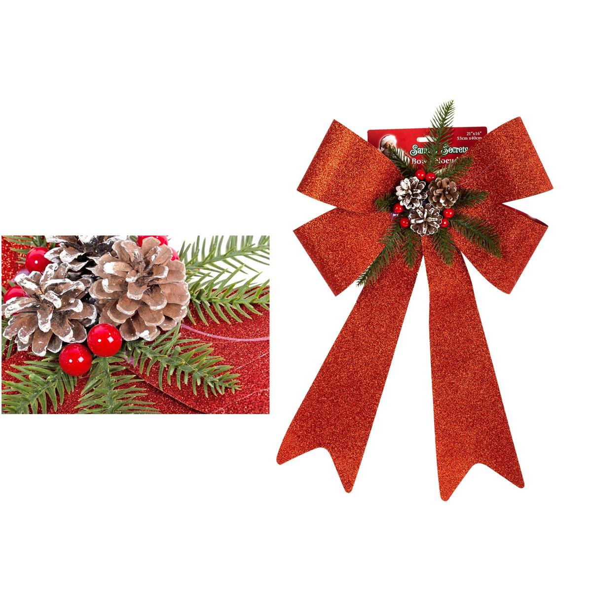 S.Secrets Red Glitter PVC Bow w/ Pinecones & Berries,21"x16",t.o.c.