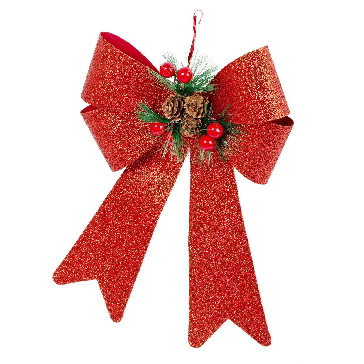 S.Secrets Red Glitter PVC Bow w/ Pinecones & Berries,10"x6",t.o.c.