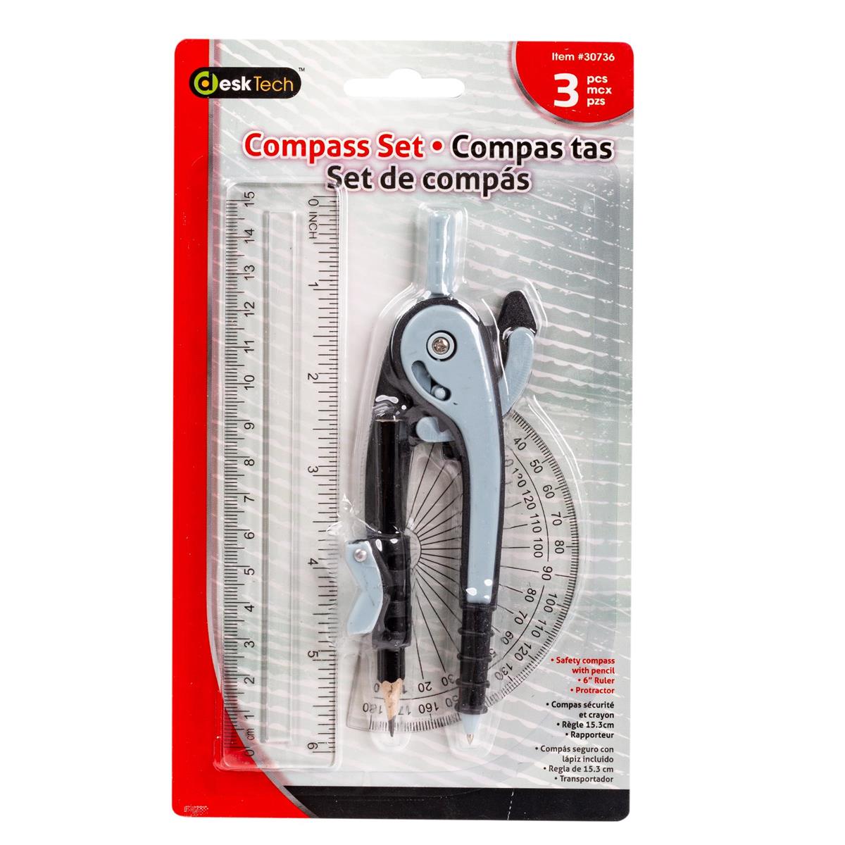 Desk Tech 3Pcs Compass & Ruler Set, b/c