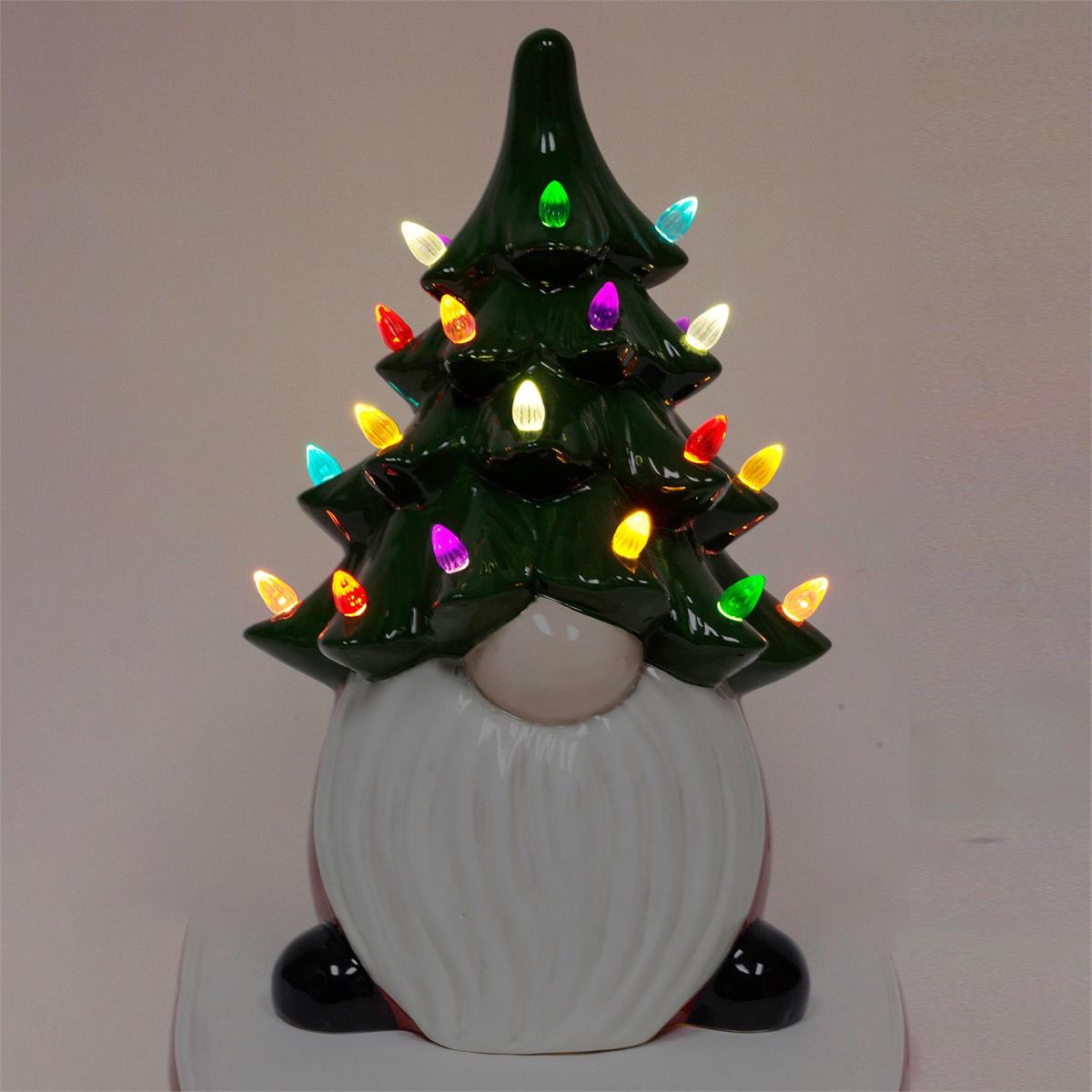 Deco N. LightUp Ceramic Gnome w/Xmas Tree, 32 LED, try me box
