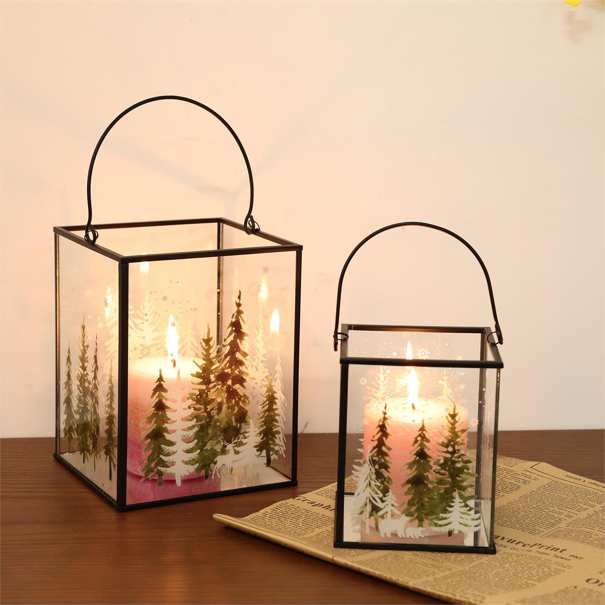 Deco N. Xmas Candle Lantern, Glass, Small 4"x4.75"