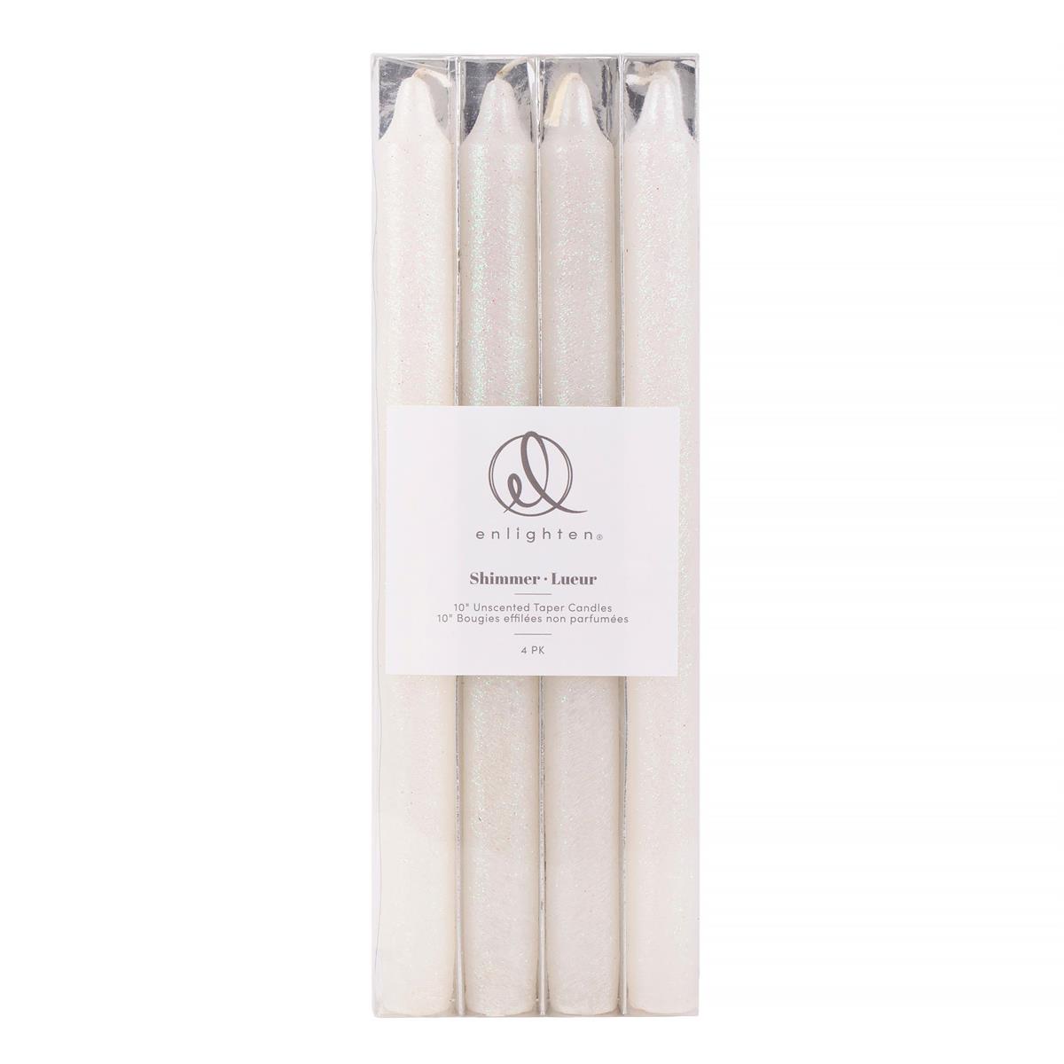 Enlighten 4pk 10" Shimmer White Taper Candle, pvc box