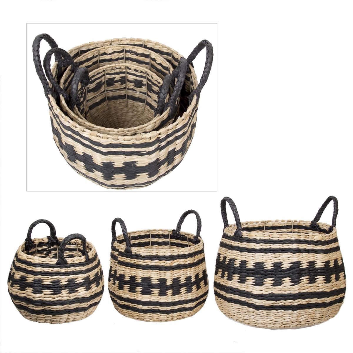 Set/3 Round Storage Basket, Black/Natural, Rush