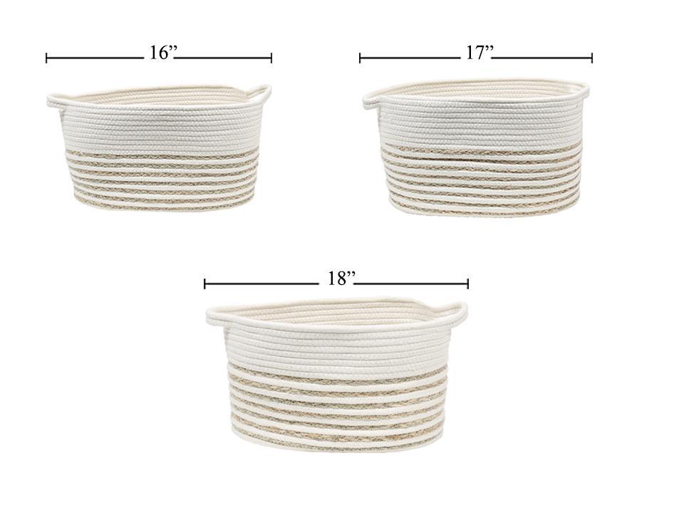 Set/3, Round Storage Basket, White /Natural, L 15.75x11x9"