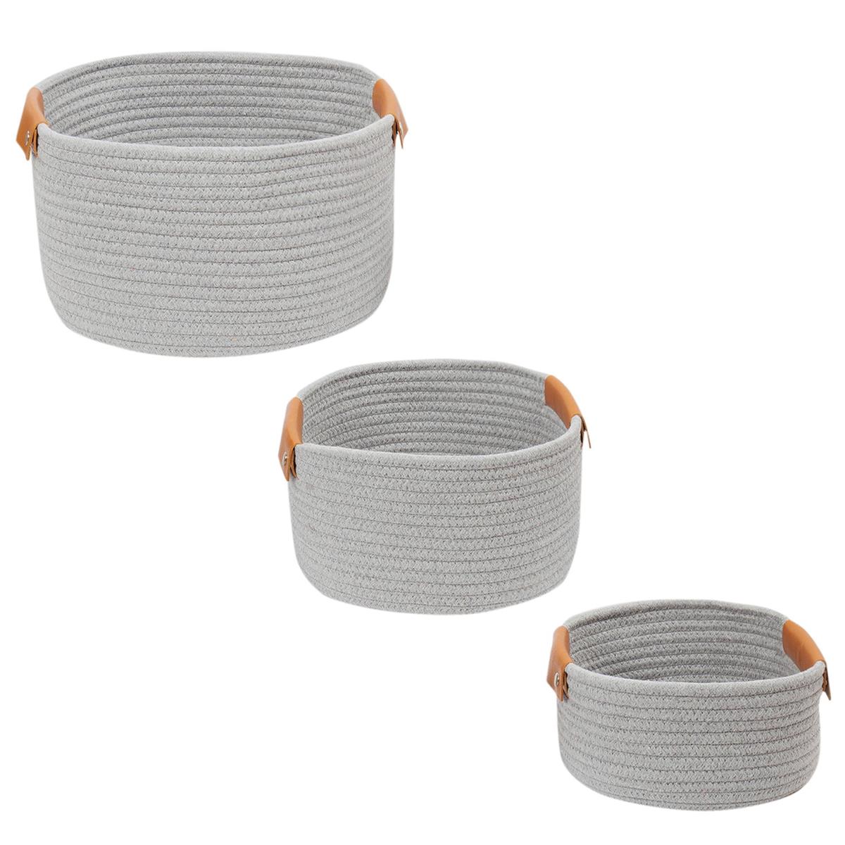 Set/3 Cotton Rope Round Baskets w/ PU Handles, L, M, S