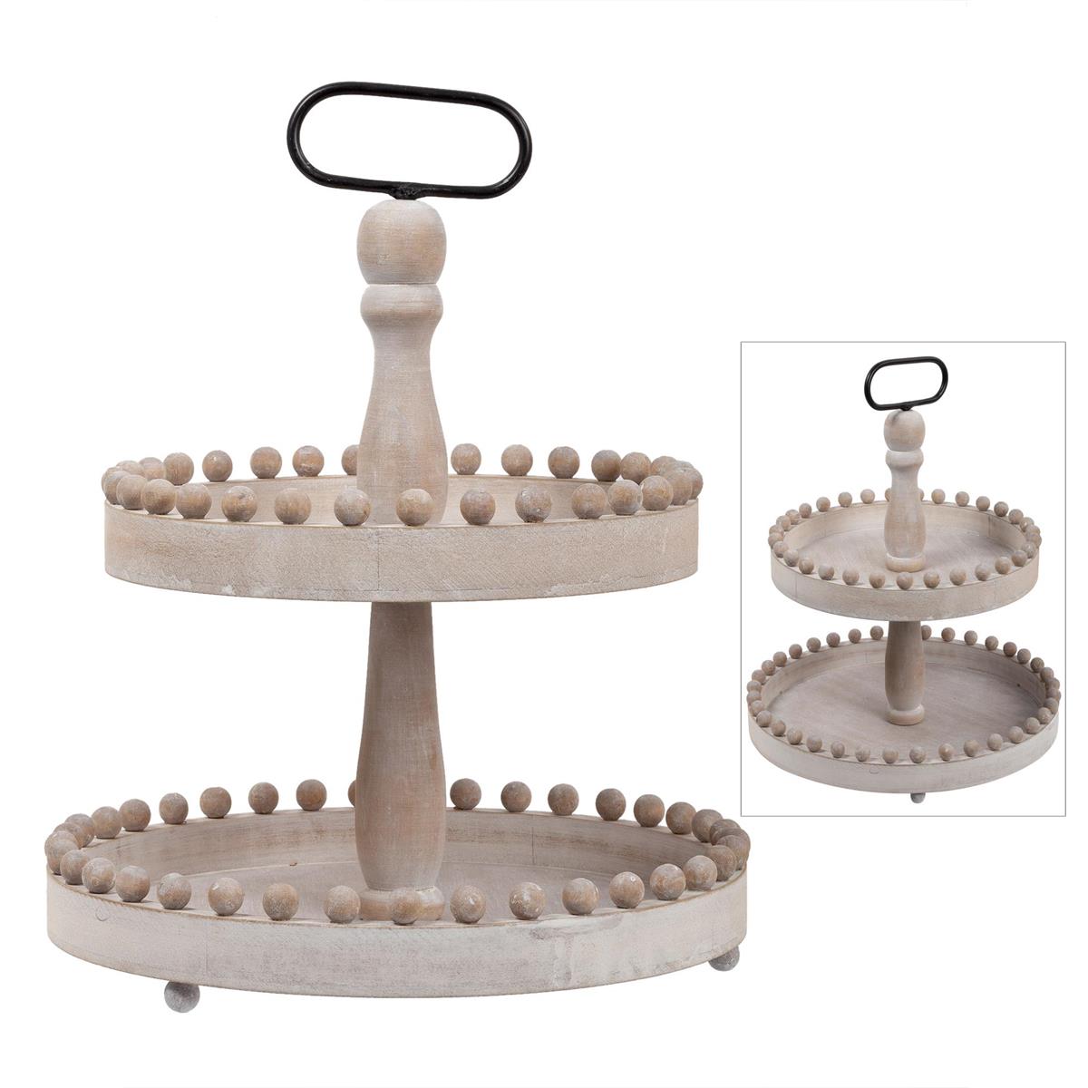 Farmhouse Round 2Tier Wood Tray w/Handle, Whitewash, MDF