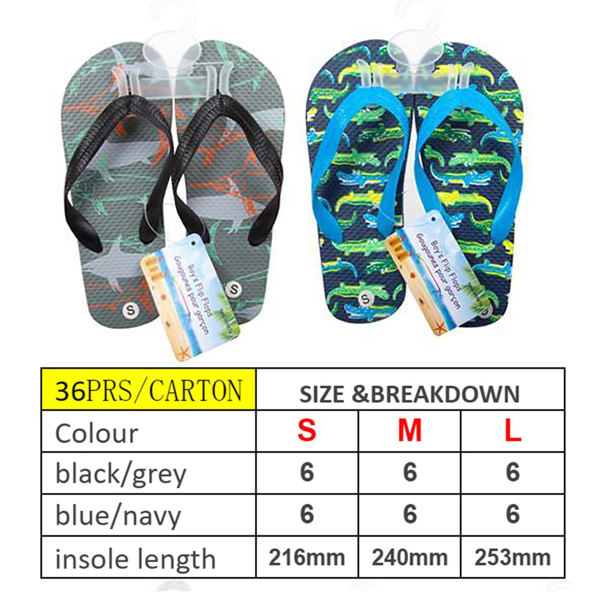 Boys Flip Flops, 2/s, Sizes:S/M/L hanger/cht