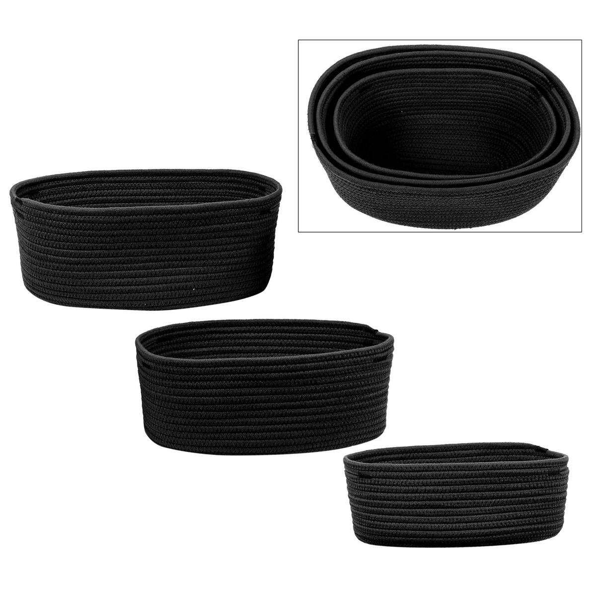 Set/3 Oblong Cotton Rope Baskets, Blk, L, M, S