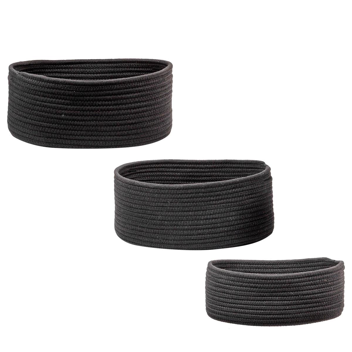 Set/3 Oblong Cotton Rope Baskets, Blk, L, M, S