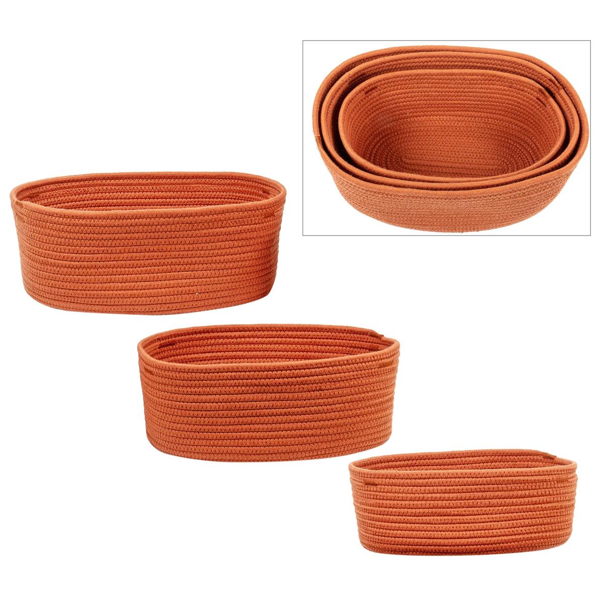 Set/3 Oblong Cotton Rope Baskets, Rust, L, M, S