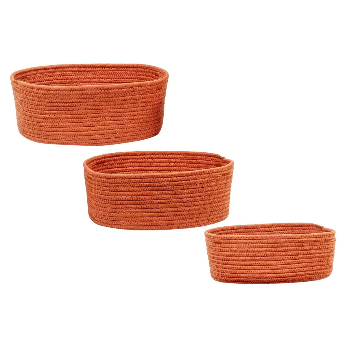 Set/3 Oblong Cotton Rope Baskets, Rust, L, M, S