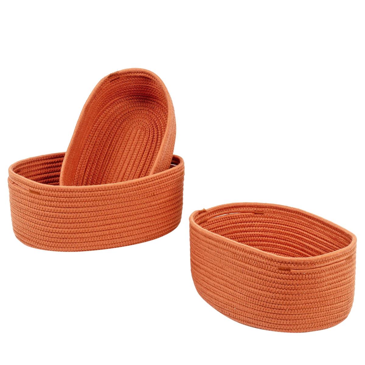 Set/3 Oblong Cotton Rope Baskets, Rust, L, M, S