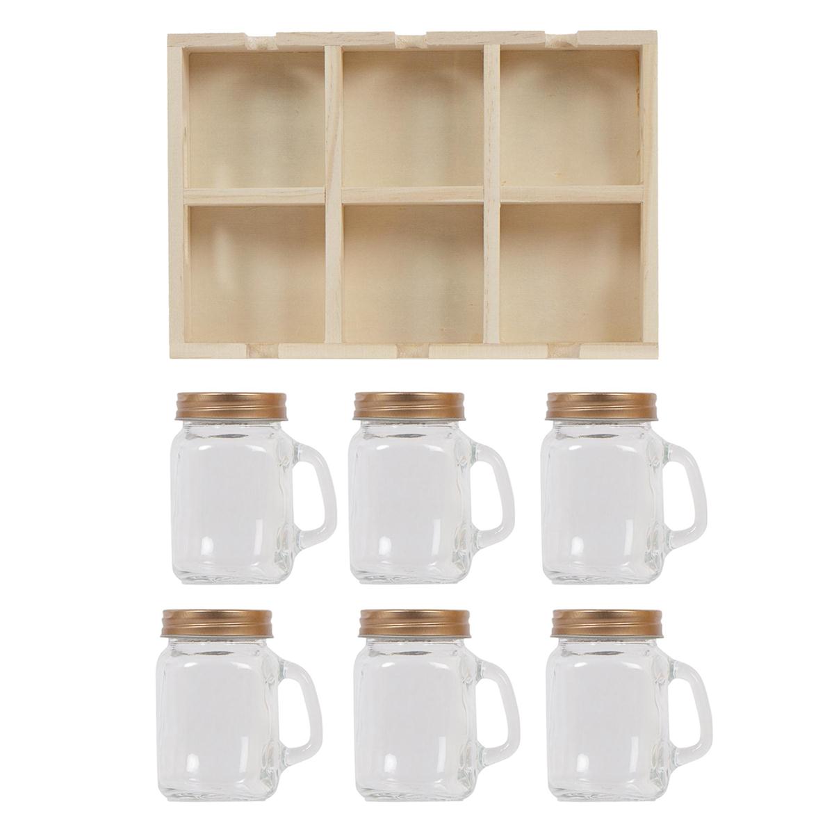 L.Gourmet 6pc Glass Spice Jar w/ Handle Set, wooden tray, cbx