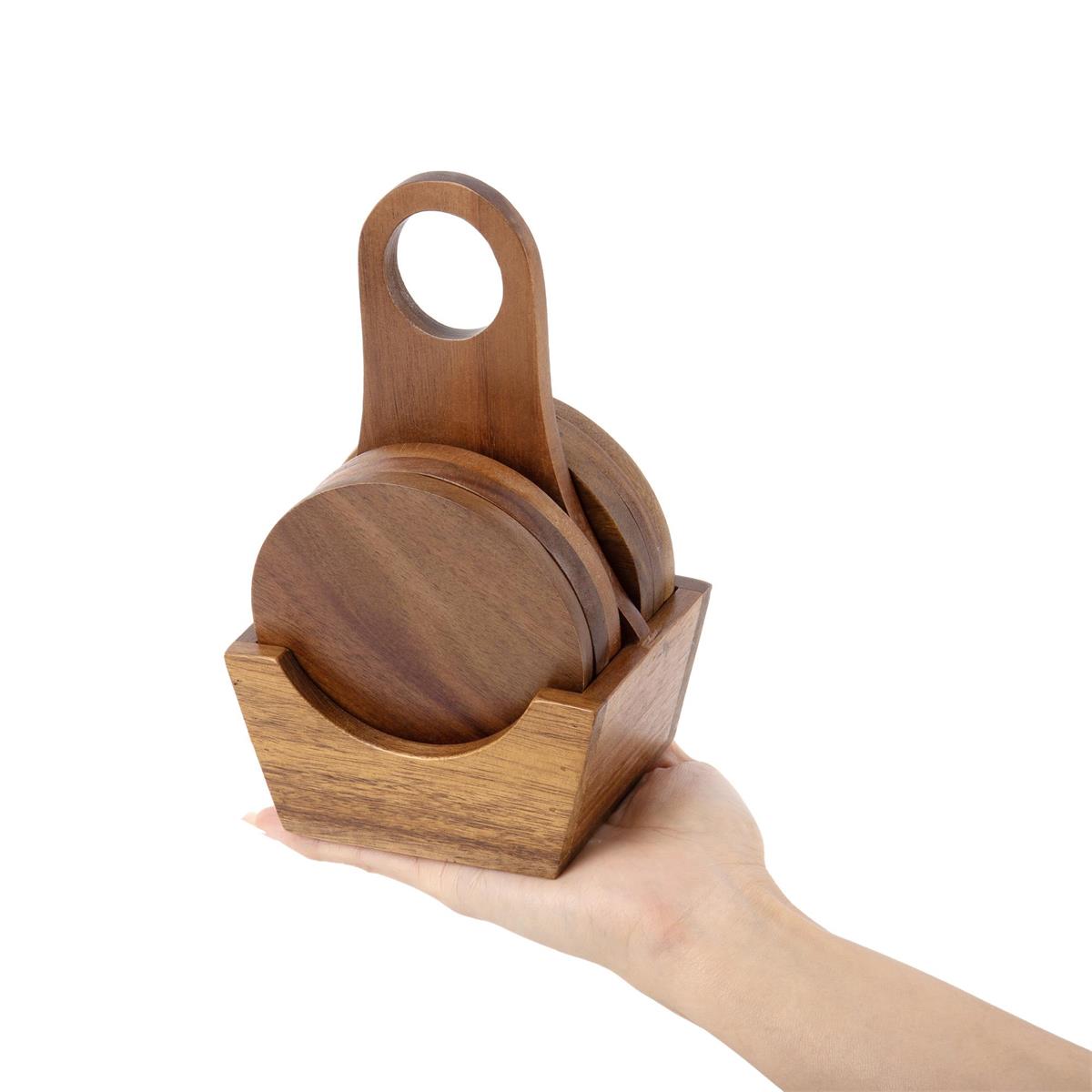 L.Gourmet 7-pc Acacia Wood Coaster Set, shrink+col. Label