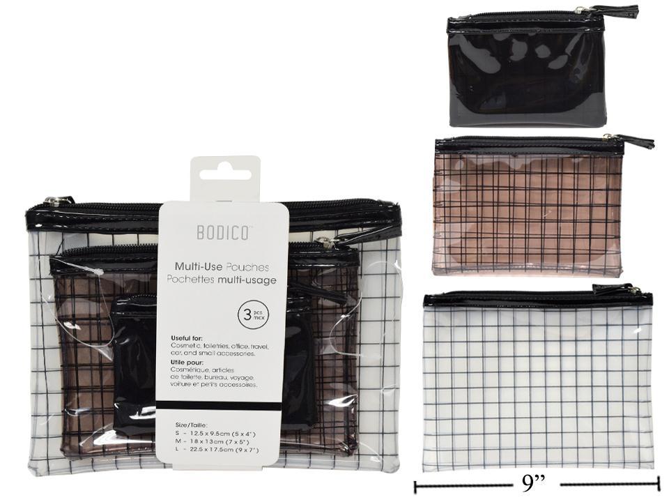 Bodico, 3PC Clear Travel Pouch Set , grid with blk trim, sleeve card