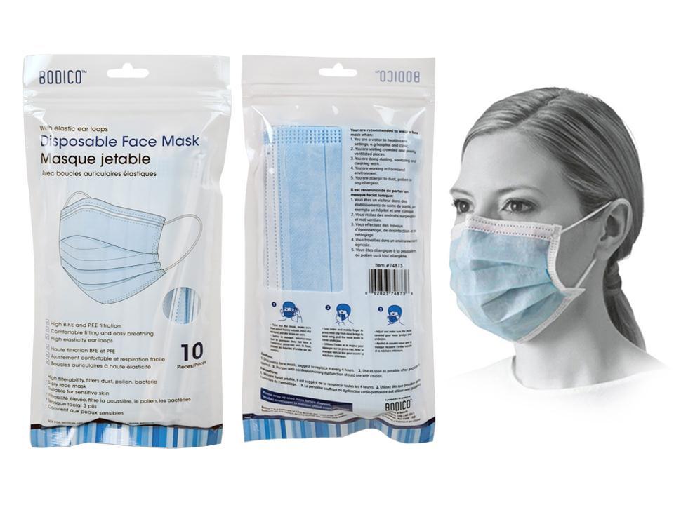 Bodico,10 Face Mask BLUE 3 ply w/ Ear Loop, Zip Lock bag
