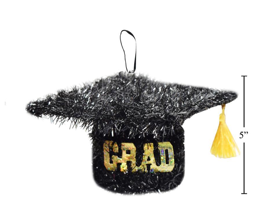 Graduation "GRAD" Tinsel Black Cap Decor w/Tassle, 5''x5''x2.8'', cht