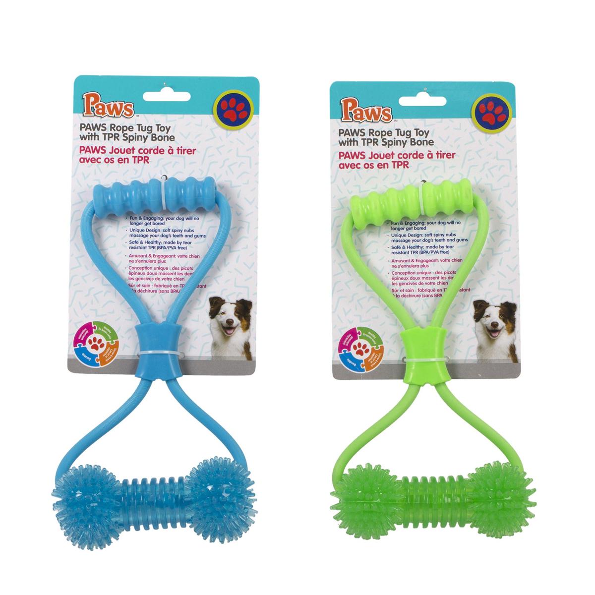 Spiney Rope PAWS Rope Tug Toy w/TPR Spiny Bone, 2/col, toc