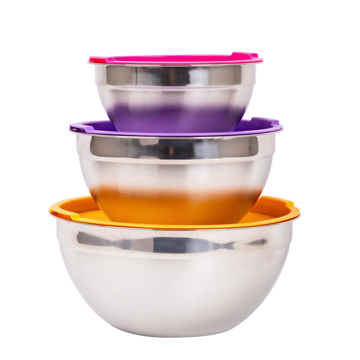 Luciano 3pc SS Bowl Set w/ Colored Lid, 1.5Q/2.6Q/4.3Q, wrap card