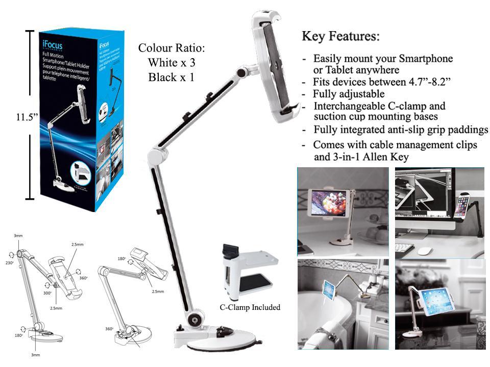 iFocus, Full Motion Smartphone/ Tablet Holder,Suction+Clamp, 2C,cbx