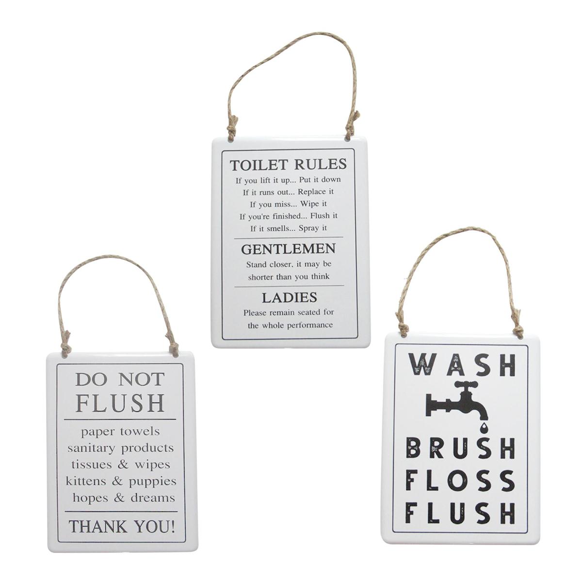 Bathroom Rules Metal Hanging Sign, 3 Assorted Designs,