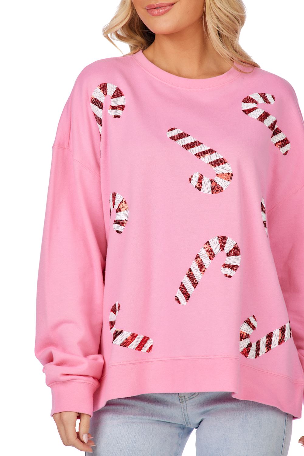 85100204PK-ML | Pink Candy Cane Sparkle Sweatshirt