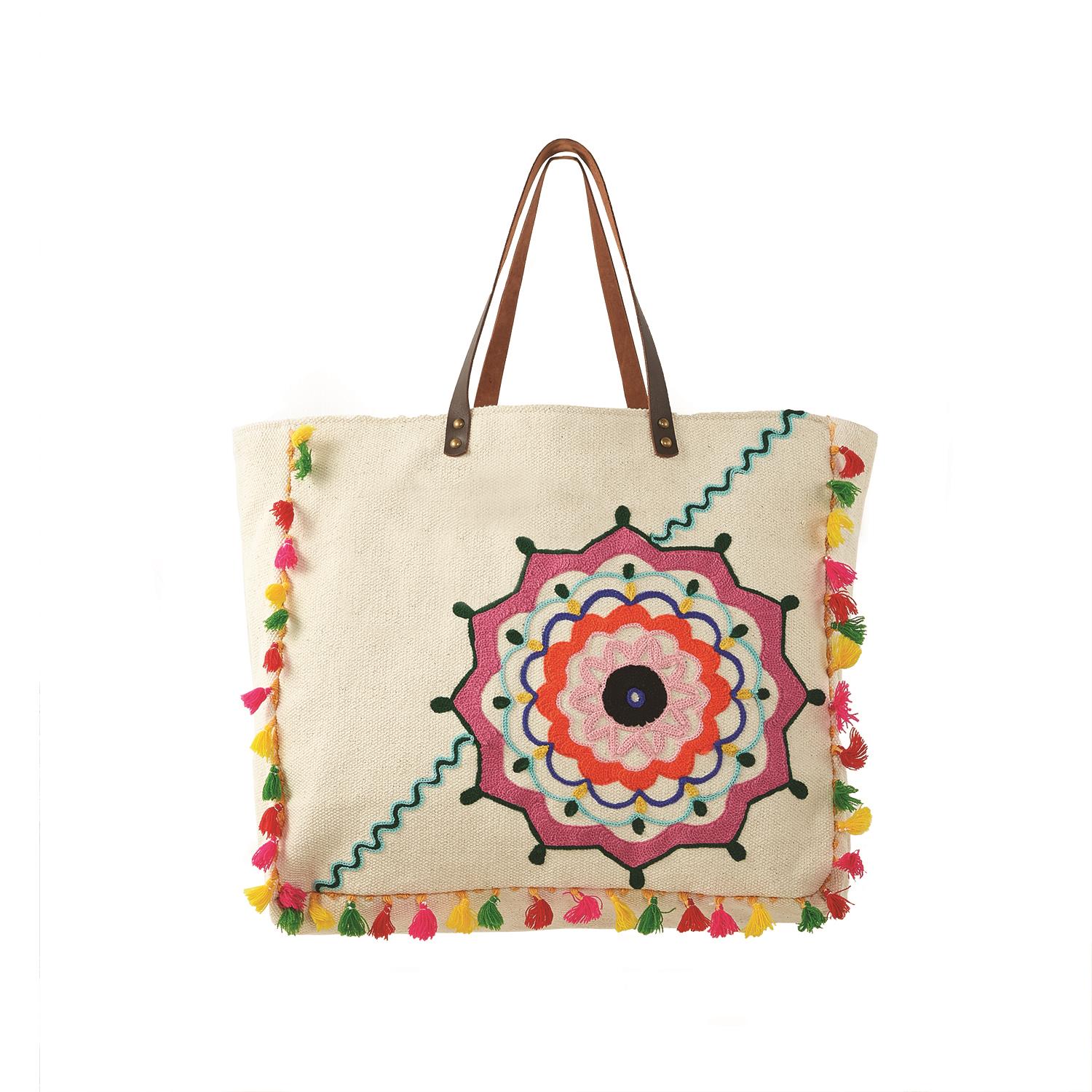 Crewel Embroidery Canvas Tote w/Tassels & Leather Handles