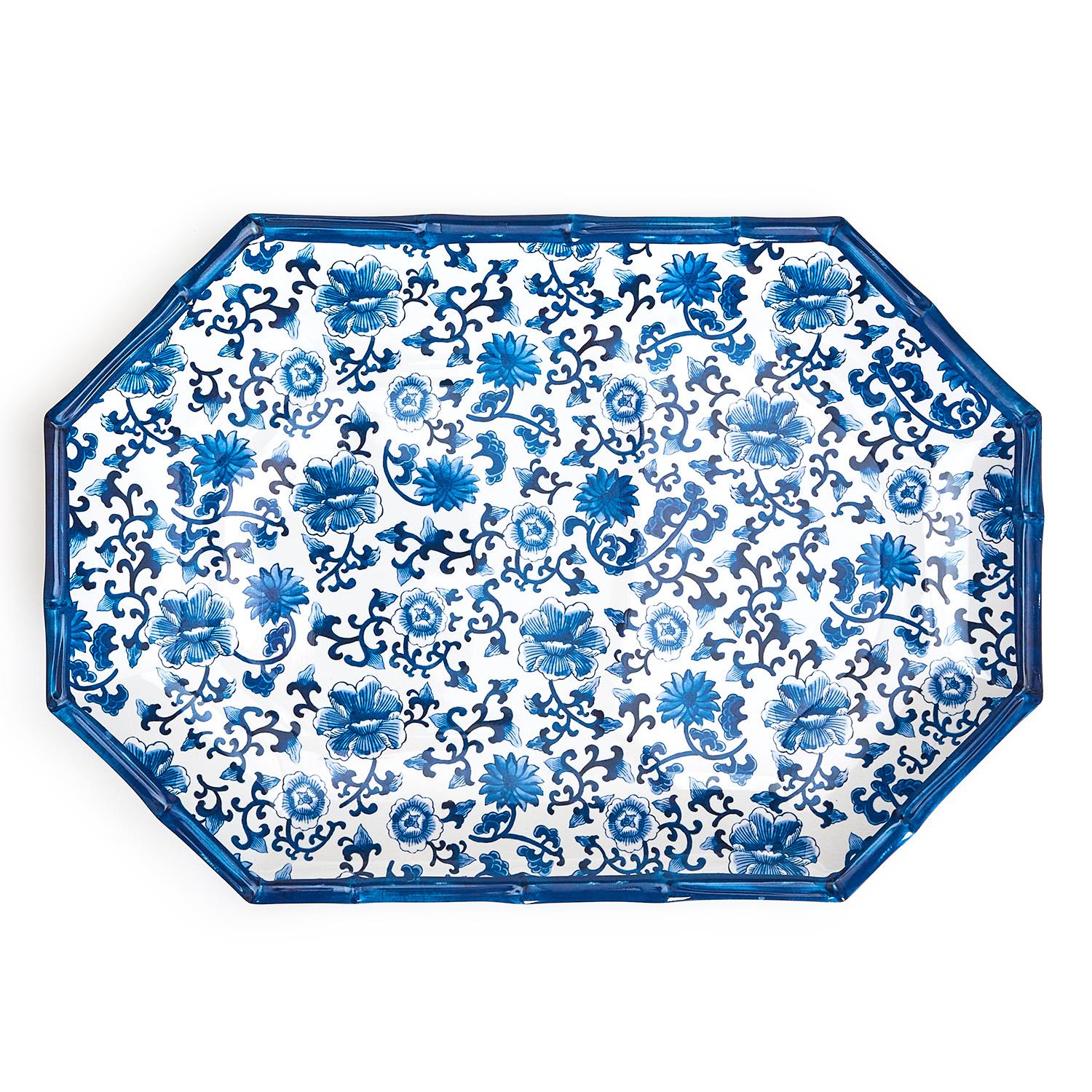 Blue Bamboo Touch Blue Floral Pattern Octagonal Serving Tray