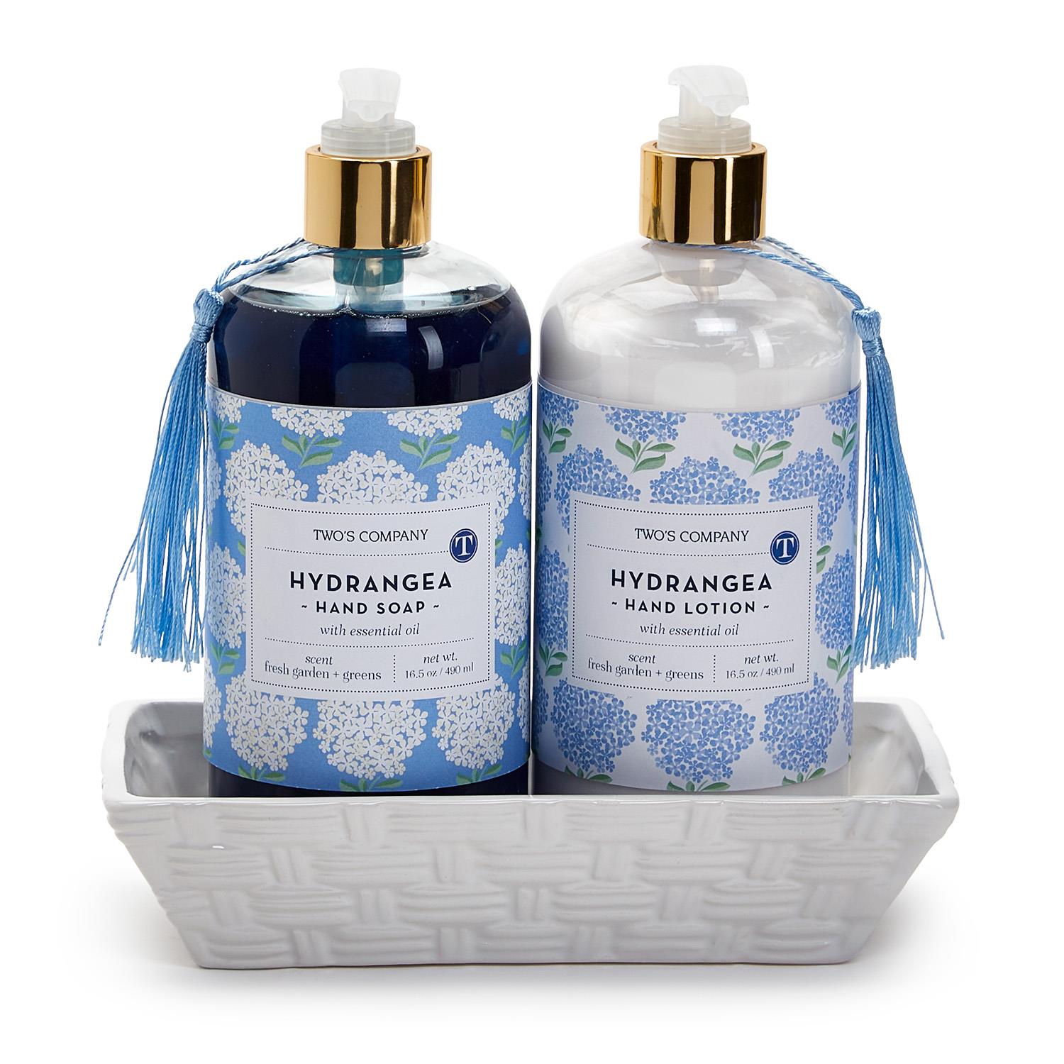 Hydrangea Scented Soap and Lotion Set in Ceramic Tray
