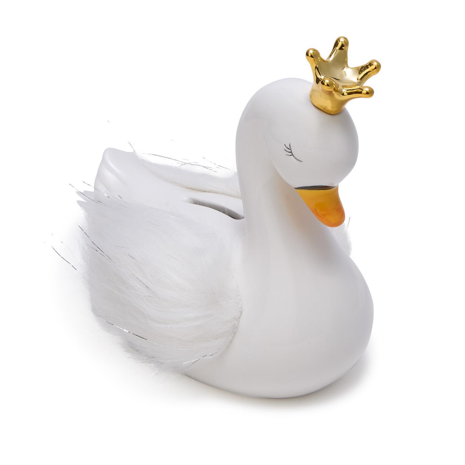 Swan Money Bank with Gold Crown and Faux Fur Wings in Gift Box