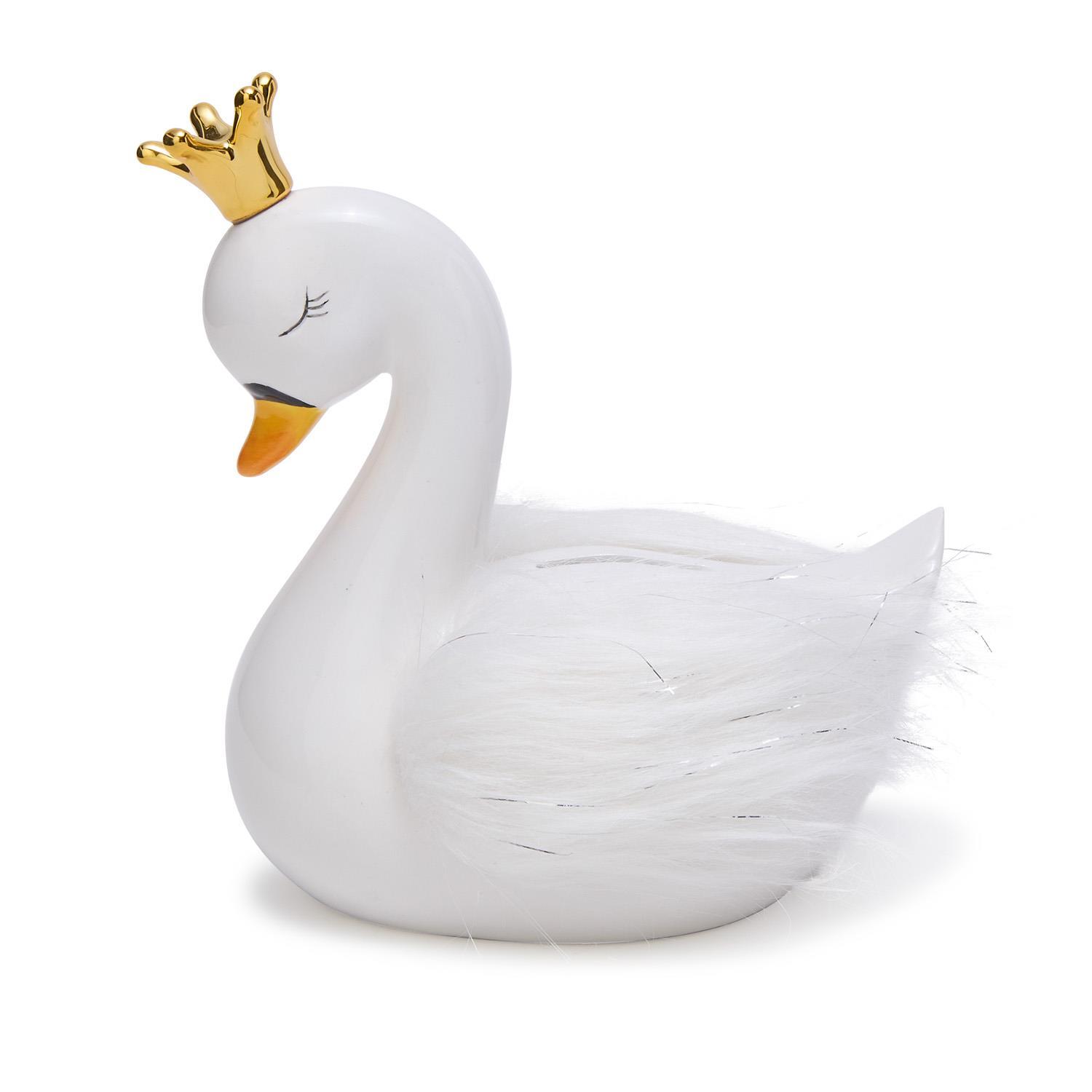 Swan Money Bank with Gold Crown and Faux Fur Wings in Gift Box